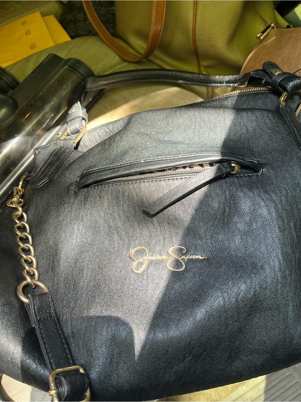 Jessica Simpson Black Leather Hobo with Gold Chain Detail